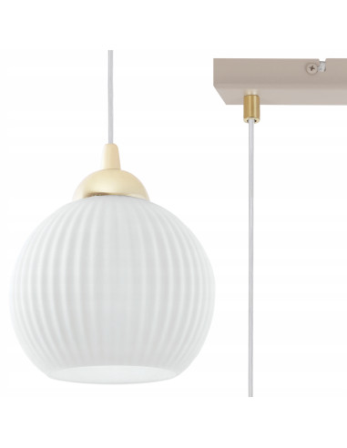 Lampa wisząca RIFFLE 4-pł. beżowo-złota z ryflowanymi białymi kloszami E27 nad wyspę/stół 90 cm