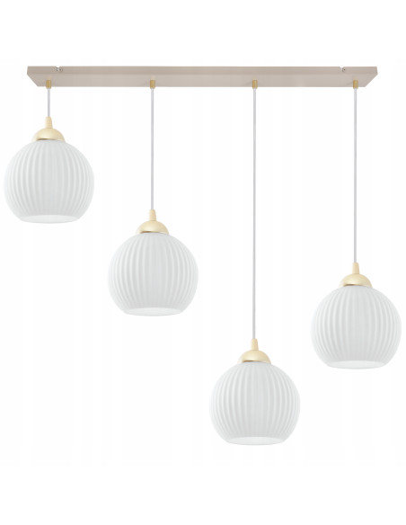 Lampa wisząca RIFFLE 4-pł. beżowo-złota z ryflowanymi białymi kloszami E27 nad wyspę/stół 90 cm