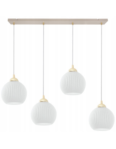 Lampa wisząca RIFFLE 4-pł. beżowo-złota z ryflowanymi białymi kloszami E27 nad wyspę/stół 90 cm