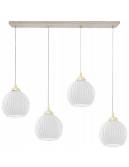 Lampa wisząca RIFFLE 4-pł. beżowo-złota z ryflowanymi białymi kloszami E27 nad wyspę/stół 90 cm