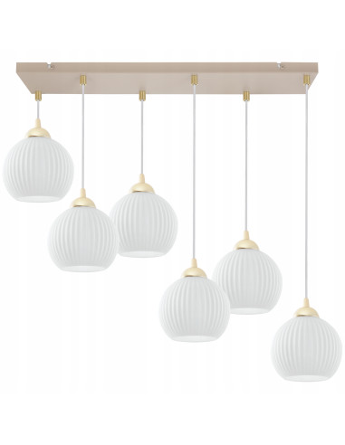 Lampa wisząca RIFFLE 6-pł. beżowo-złota z ryflowanymi białymi kloszami E27 70x100 cm (Light Home)