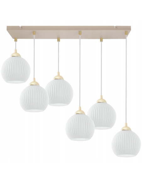 Lampa wisząca RIFFLE 6-pł. beżowo-złota z ryflowanymi białymi kloszami E27 70x100 cm (Light Home)