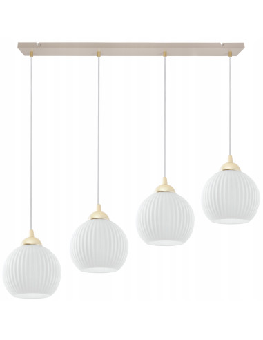 Lampa wisząca RIFFLE 4-pł. beżowo-złota z ryflowanymi białymi kloszami E27 nad wyspę/stół 90 cm