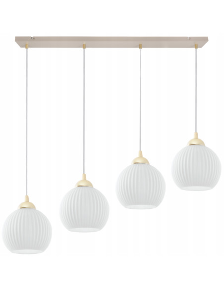 Lampa wisząca RIFFLE 4-pł. beżowo-złota z ryflowanymi białymi kloszami E27 nad wyspę/stół 90 cm