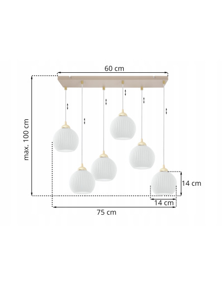 Lampa wisząca RIFFLE 6-pł. beżowo-złota z ryflowanymi białymi kloszami E27 70x100 cm (Light Home)