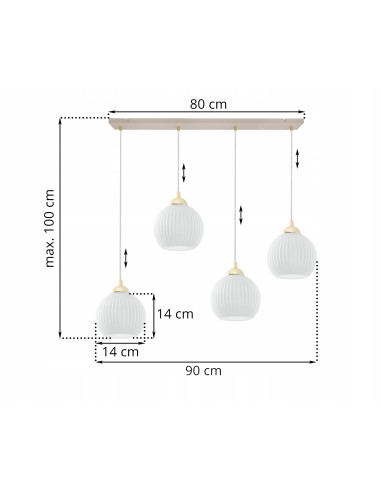 Lampa wisząca RIFFLE 4-pł. beżowo-złota z ryflowanymi białymi kloszami E27 nad wyspę/stół 90 cm