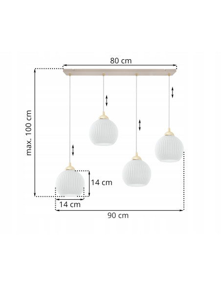 Lampa wisząca RIFFLE 4-pł. beżowo-złota z ryflowanymi białymi kloszami E27 nad wyspę/stół 90 cm