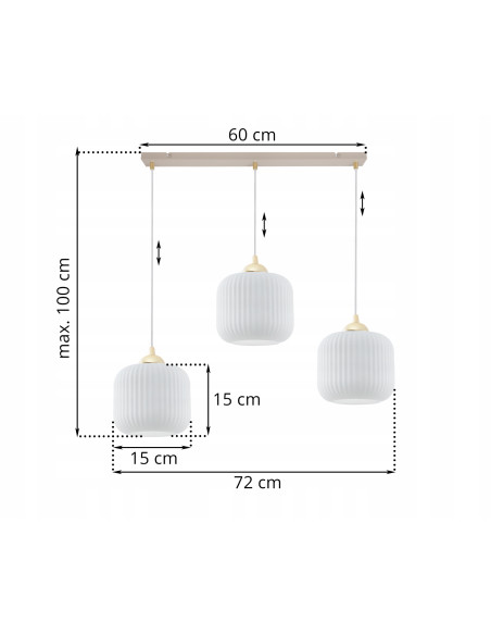 Lampa wisząca RIFFLE 3-punktowa beżowo-złota z ryflowanymi kloszami E27 72 cm Glamour
