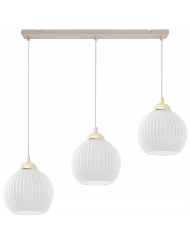 Lampa wisząca RIFFLE 3-płomienna beżowo-biała z ryflowanymi kloszami, złote wykończenia, regulacja 100 cm