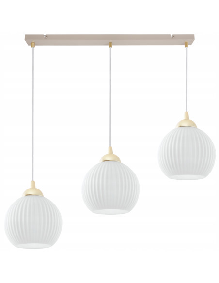 Lampa wisząca RIFFLE 3-płomienna beżowo-biała z ryflowanymi kloszami, złote wykończenia, regulacja 100 cm