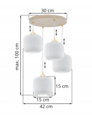 Kaszmirowa lampa wisząca RIFFLE 4x E27 złoto-beżowa z ryflowanymi białymi kloszami regulowana 100 cm