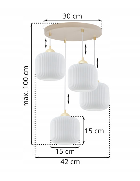 Kaszmirowa lampa wisząca RIFFLE 4x E27 złoto-beżowa z ryflowanymi białymi kloszami regulowana 100 cm