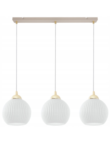 Lampa wisząca RIFFLE 3-płomienna beżowo-biała z ryflowanymi kloszami, złote wykończenia, regulacja 100 cm