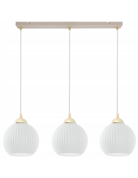 Lampa wisząca RIFFLE 3-płomienna beżowo-biała z ryflowanymi kloszami, złote wykończenia, regulacja 100 cm