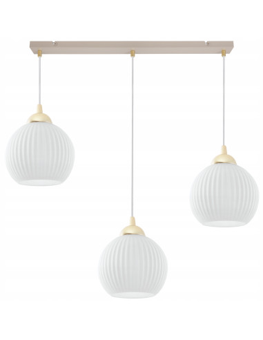 Lampa wisząca RIFFLE 3-płomienna beżowo-biała z ryflowanymi kloszami, złote wykończenia, regulacja 100 cm