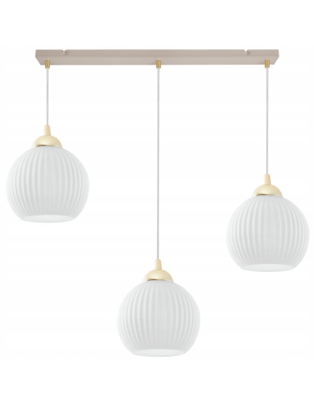 Lampa wisząca RIFFLE 3-płomienna beżowo-biała z ryflowanymi kloszami, złote wykończenia, regulacja 100 cm