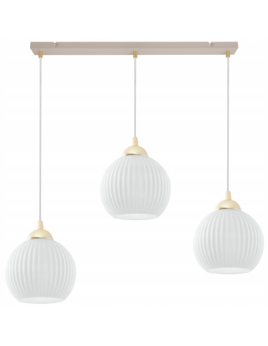 Lampa wisząca RIFFLE 3-płomienna beżowo-biała z ryflowanymi kloszami, złote wykończenia, regulacja 100 cm
