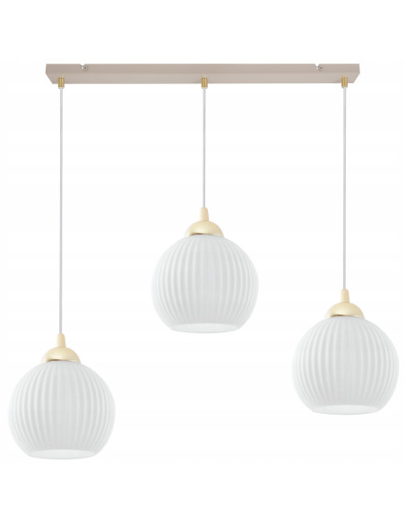 Lampa wisząca RIFFLE 3-płomienna beżowo-biała z ryflowanymi kloszami, złote wykończenia, regulacja 100 cm
