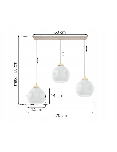 Lampa wisząca RIFFLE 3-płomienna beżowo-biała z ryflowanymi kloszami, złote wykończenia, regulacja 100 cm