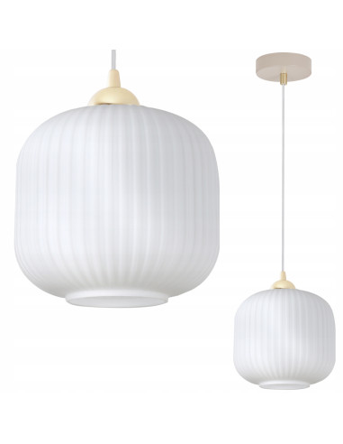 Lampa wisząca RIFFLE 1-punktowa E27 beżowo-złota z ryflowanym białym kloszem, regulowana 100 cm