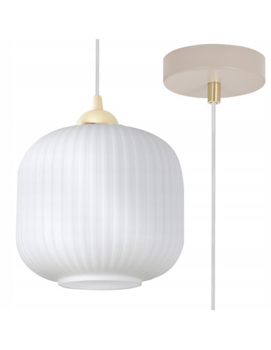 Lampa wisząca RIFFLE 1-punktowa E27 beżowo-złota z ryflowanym białym kloszem, regulowana 100 cm