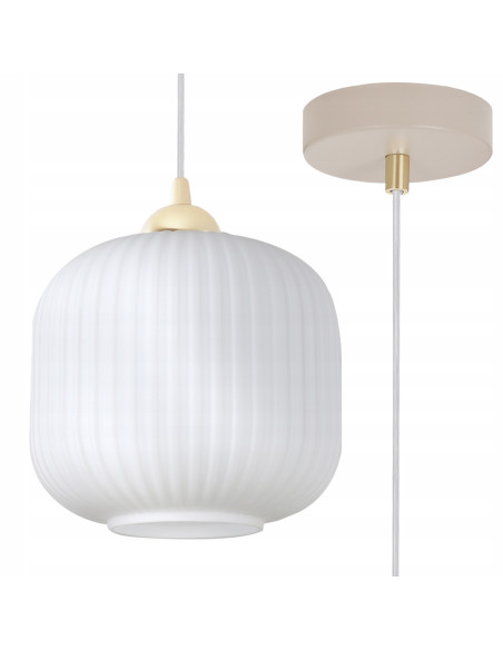 Lampa wisząca RIFFLE 1-punktowa E27 beżowo-złota z ryflowanym białym kloszem, regulowana 100 cm