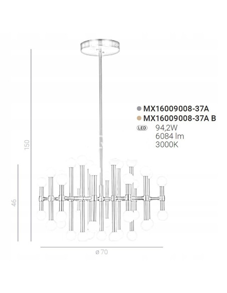 Italux Giovanna — Lampa wisząca LED 37-punktów złota z mlecznymi kulami, 150×70 cm