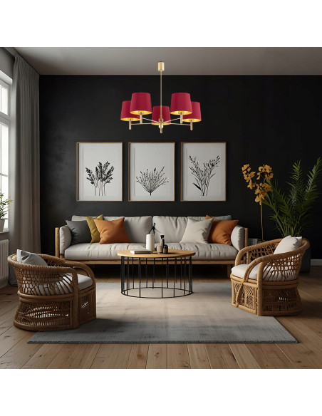 Lampa wisząca Argon Ponte Plus 5xE27 czerwona ze złotym wykończeniem glamour