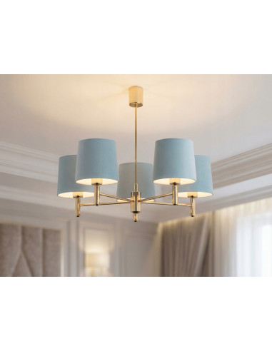 Lampa wisząca PONTE PLUS 5xE27 błękitna ze złotymi detalami, tkaninowa, glamour