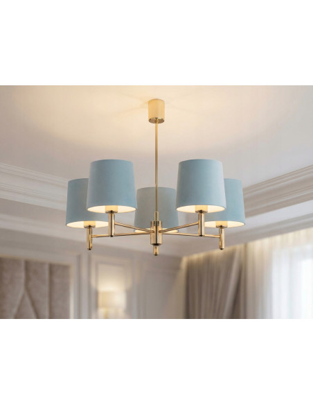 Lampa wisząca PONTE PLUS 5xE27 błękitna ze złotymi detalami, tkaninowa, glamour