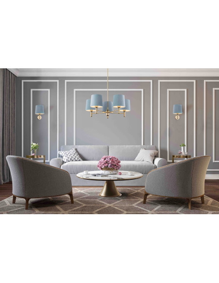 Lampa wisząca PONTE PLUS 5xE27 błękitna ze złotymi detalami, tkaninowa, glamour