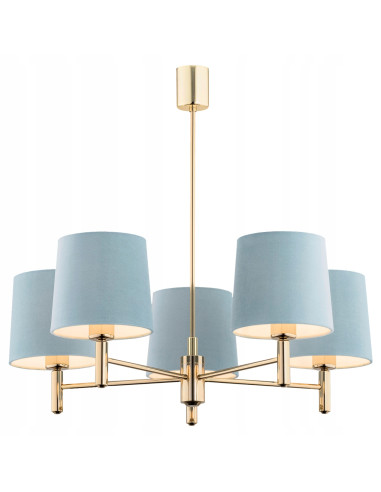 Lampa wisząca PONTE PLUS 5xE27 błękitna ze złotymi detalami, tkaninowa, glamour