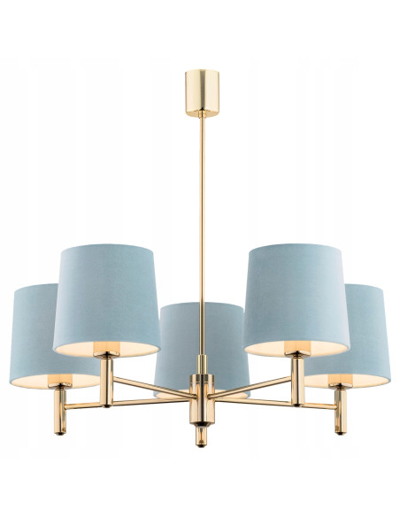 Lampa wisząca PONTE PLUS 5xE27 błękitna ze złotymi detalami, tkaninowa, glamour