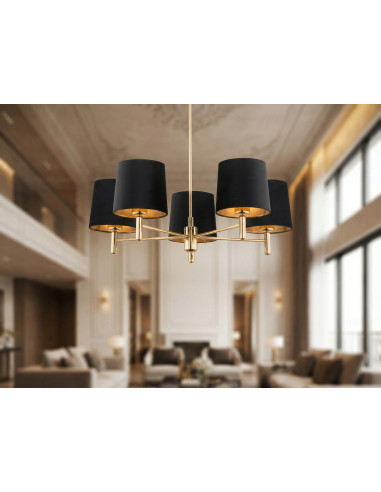 Argon PONTE PLUS lampa wisząca 5xE27 czarna ze złotymi abażurami glamour do salonu
